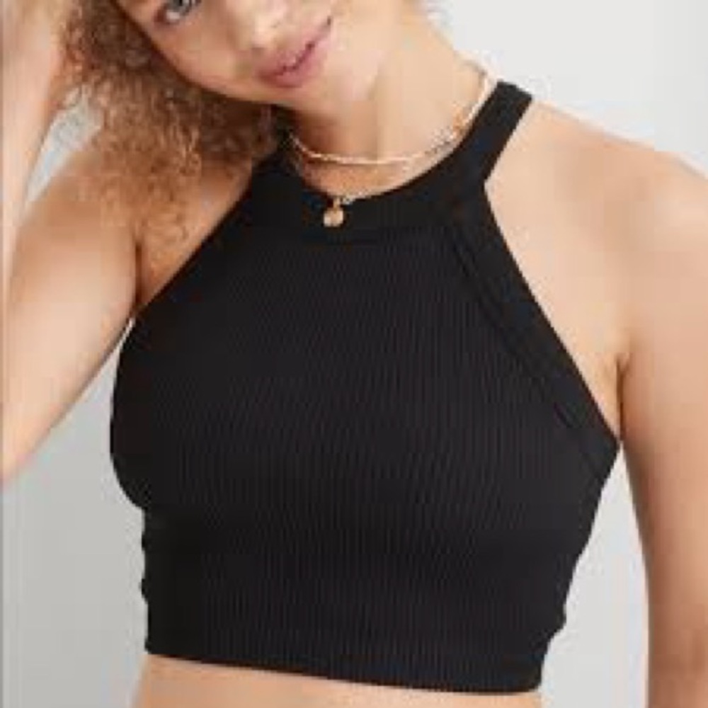 aerie Black Ribbed High-Neck Cropped Tank